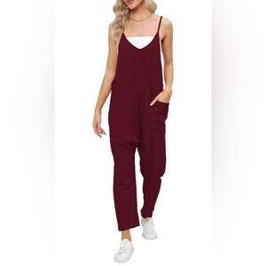 DEEP SELF Loose V Neck Sleeveless Jumpsuit, Small, Burgundy